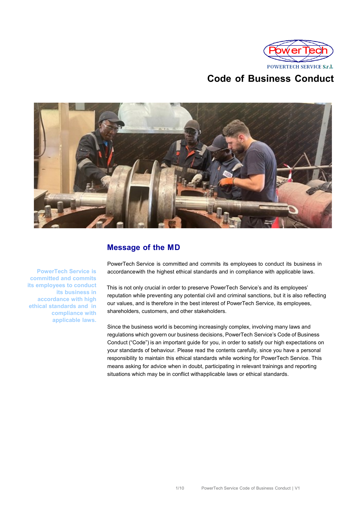 PowerTech Service Code of Business Conduct — Message of the Managing Director