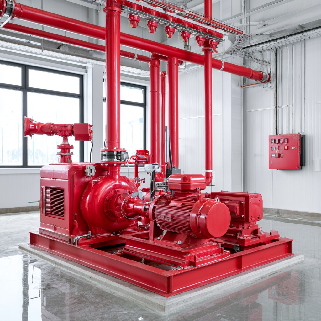Industrial fire-protection pump skid, pipework and monitor